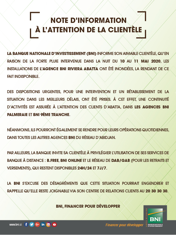 Fermeture exceptionnelle Agence Riviéra Abatta