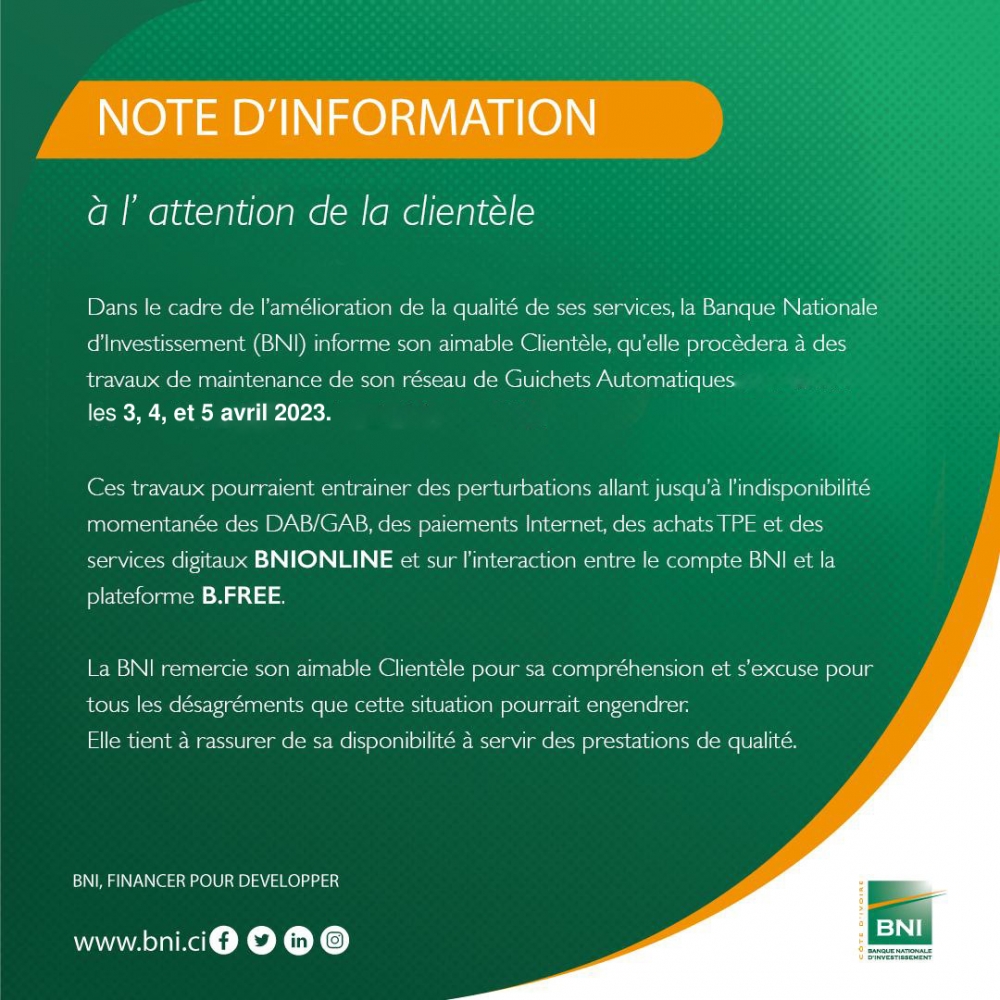 NOTE D'INFORMATION- INDISPONIBILITE GAB