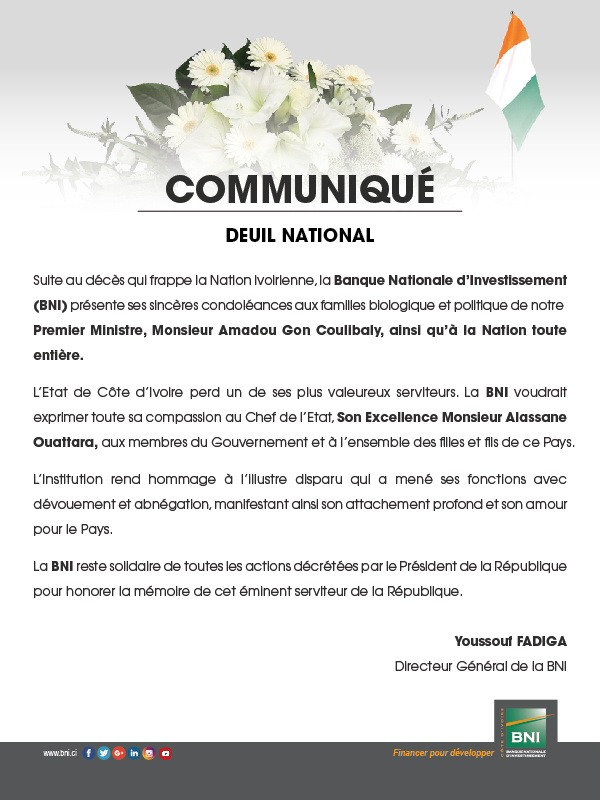 Deuil National / Décès du Premier Ministre Côte d'Ivoire