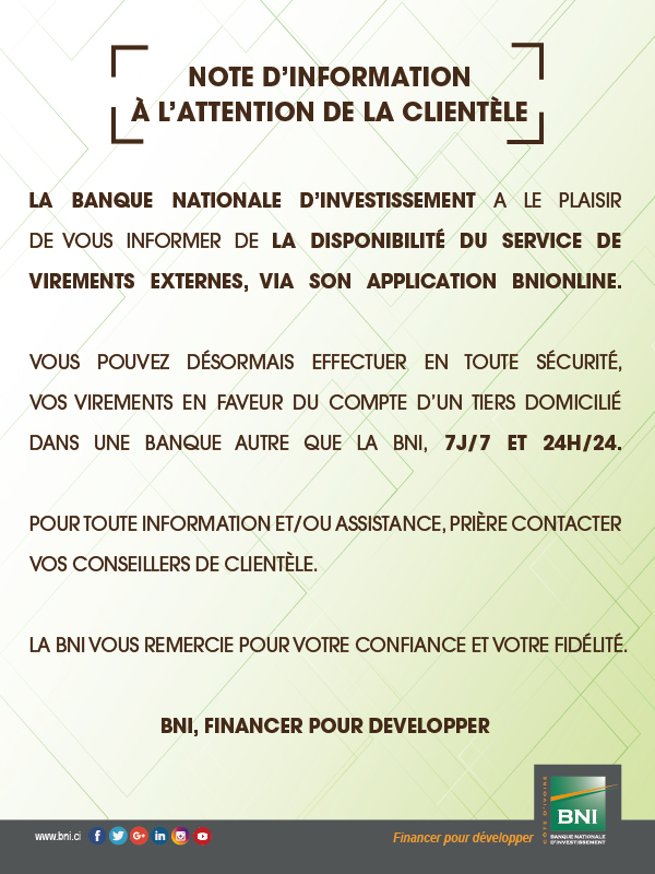 Disponibilité du service de virements externes via BNIONLINE