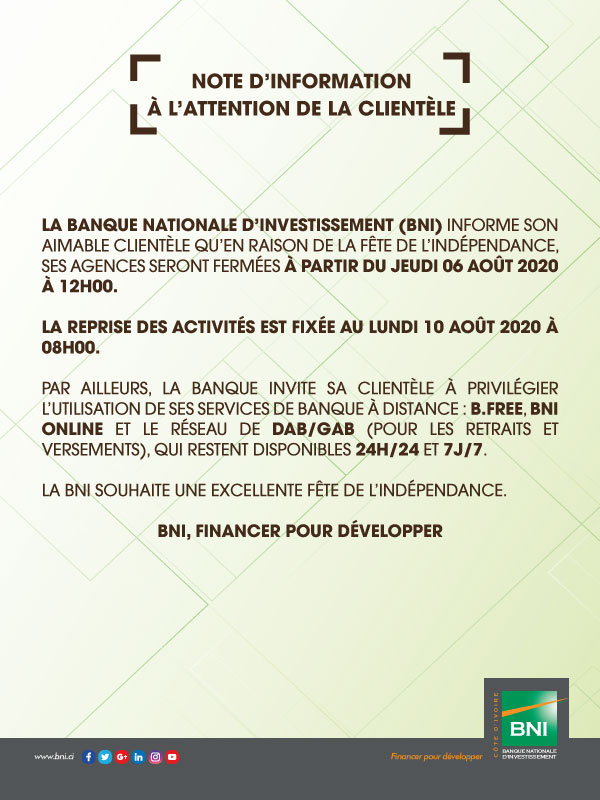Communiqué Férié Indépendance 2020