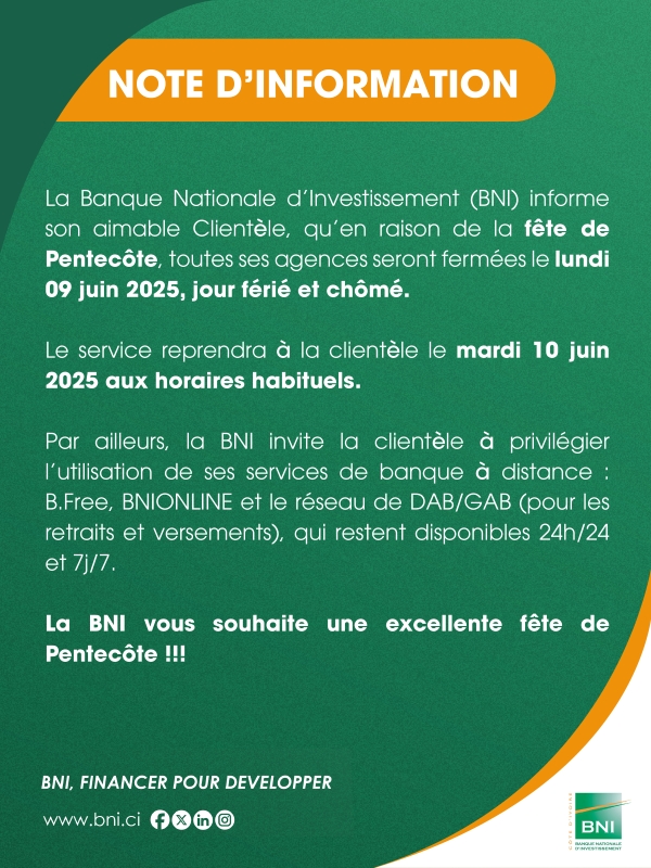 NOTE D'INFORMATION / Fête de Pentecôte