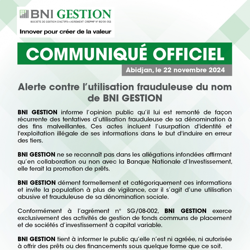 COMMUNIQUÉ BNI GESTION