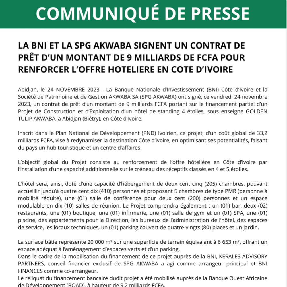 Publication / 28 Nov. 2023 Communiqué de presse (Signature de convention entre la BNI et la SPG AKWABA)