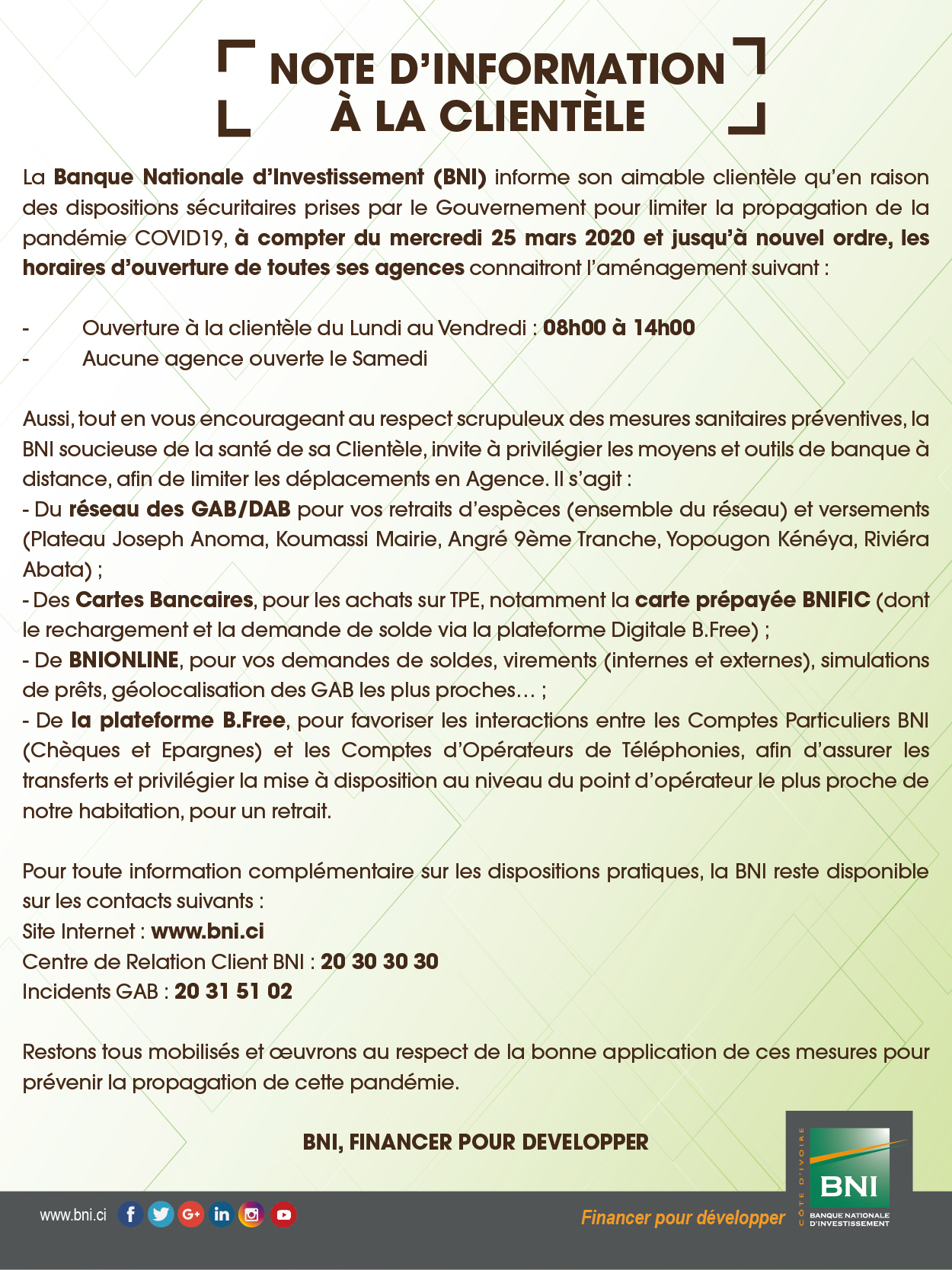 Préventions COVID-19 Réaménagement des horaires des agences