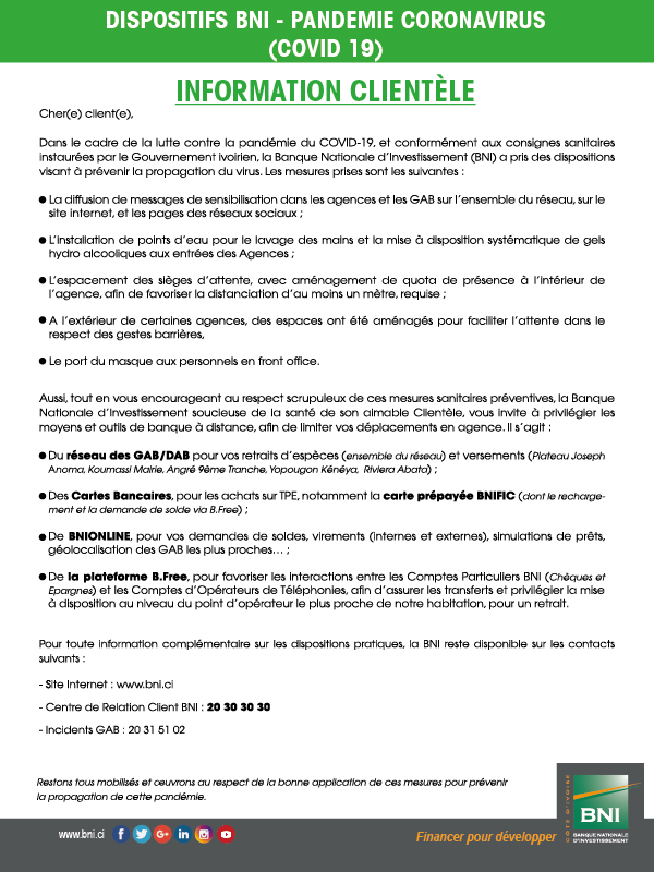 CORONAVIRUS Information clientèle