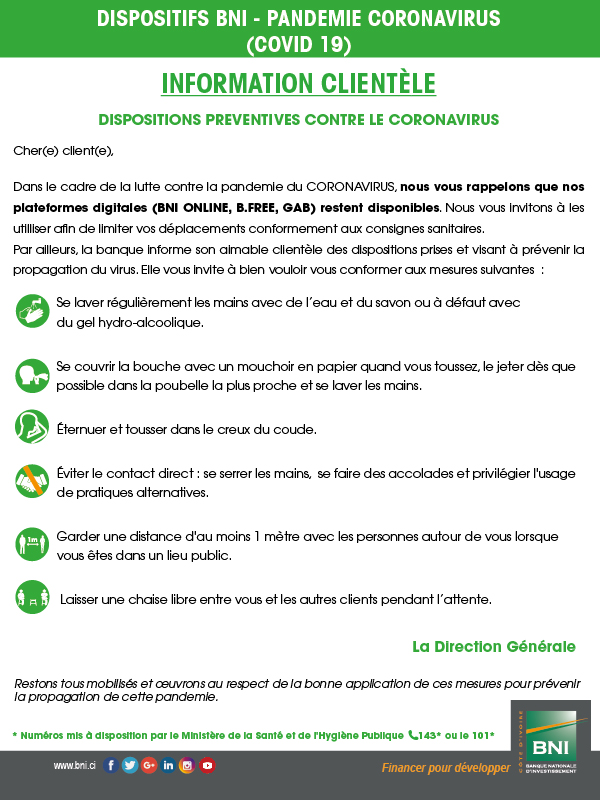CORONAVIRUS - Dispositif à la clientèle