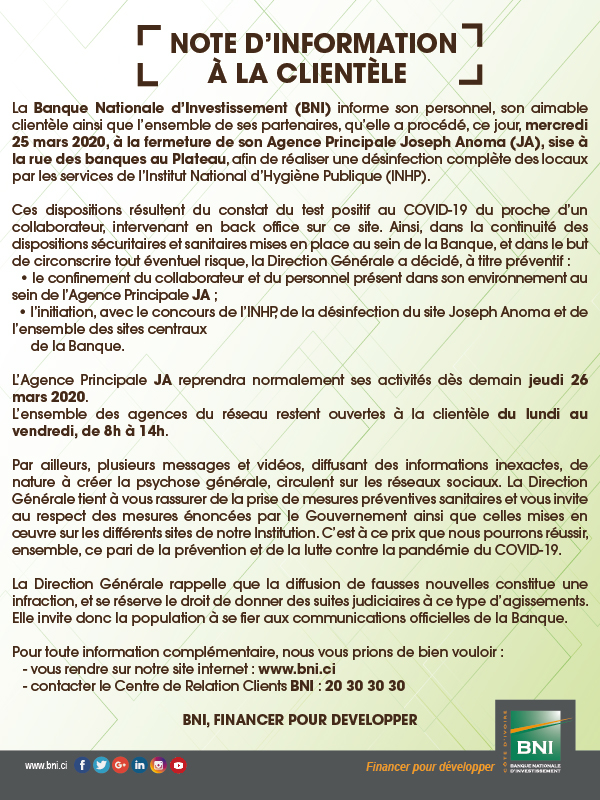 Mesures de prévention COVID19 Agences BNI
